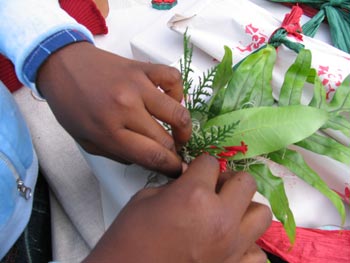 Decorating with spice leaves and ferns.